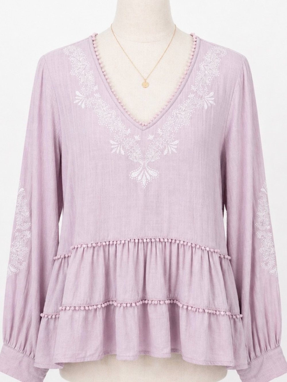Fate Lavender M Embroidered Pom Pom Peplum Blouse Linen Blend Whimsy Feminine